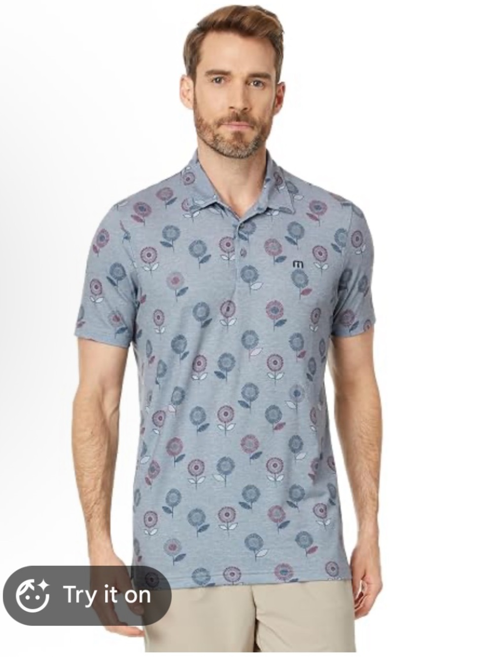 Travis Mathew Light Blue Polo with Navy and Mauve Floral Print